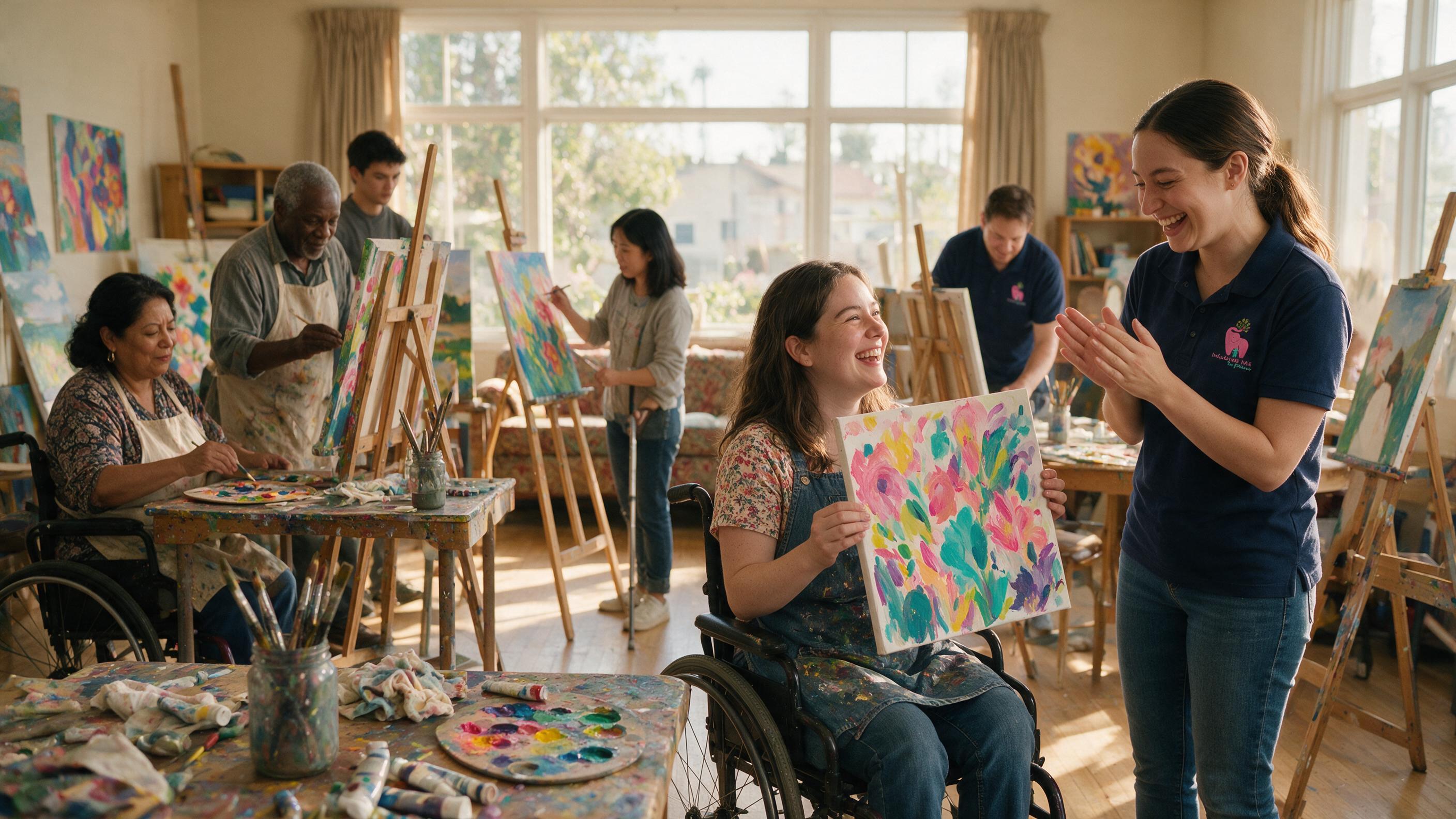 Adults creating art together with an Include Me Too Please support professional