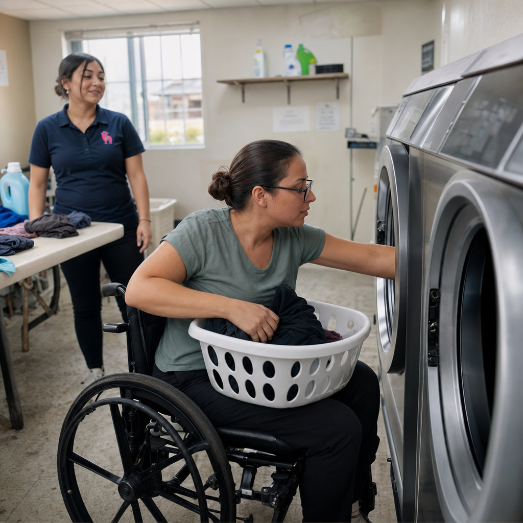 A woman using an accessible washing machine with a support professional nearby